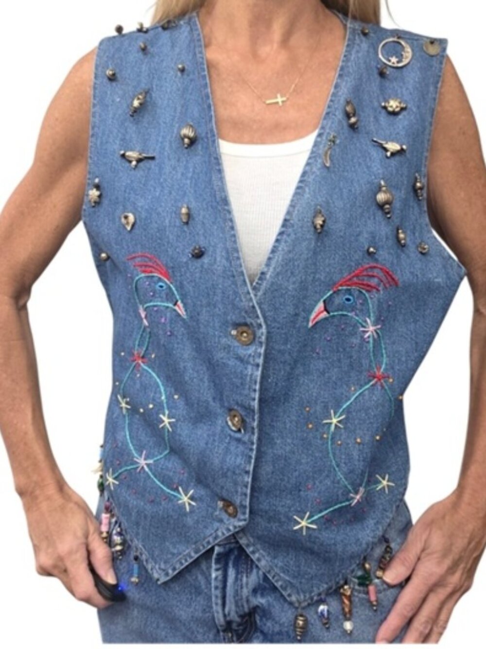 Vintage 90s Sunbelt Denim Vest Embroidered Birds Beaded Charm USA M